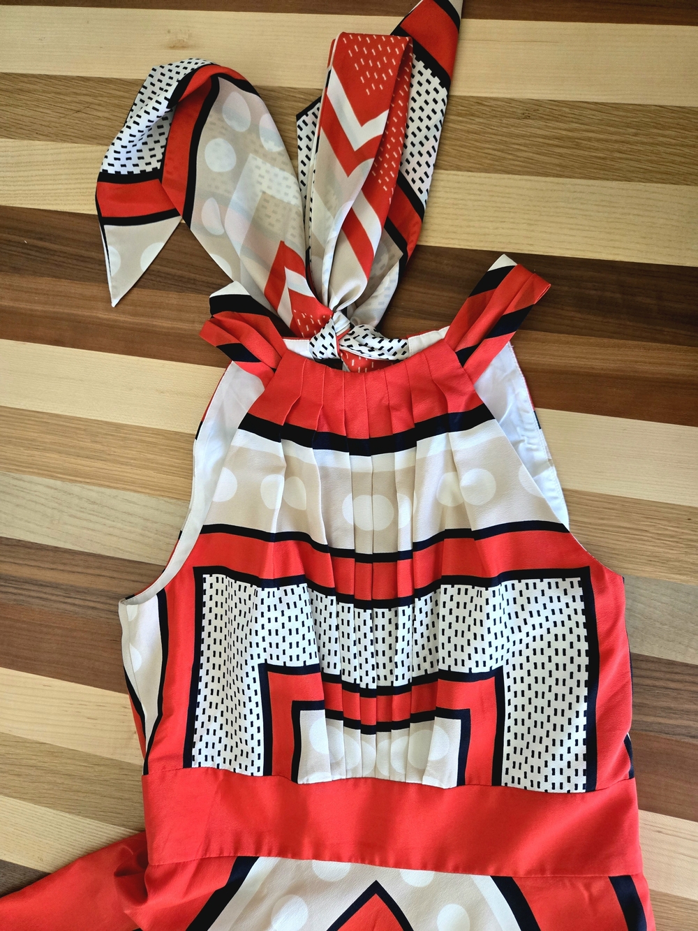 Eliza J Red White and Black Geometric Halter Maxi Dress With Scarf Back Tie 6 - Picture 2 of 5